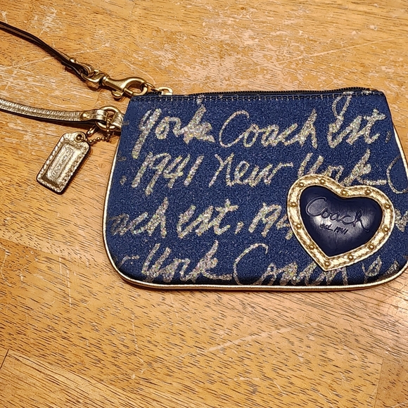 Coach Handbags - Coach Navy Blue Glitter Script Heart Wristlet